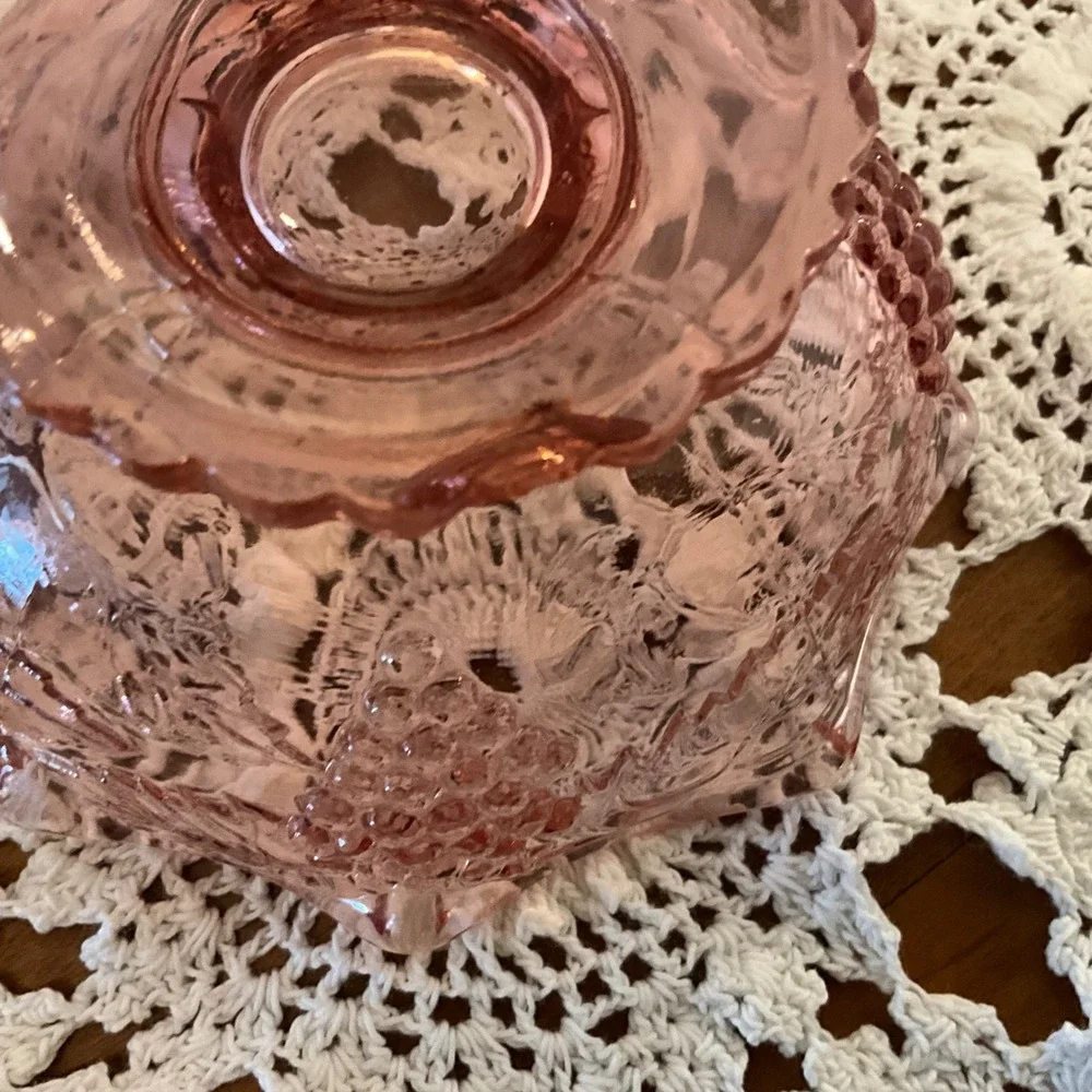 Vintage Pink Glass Grape‎ Embossed Footed Candy Dish Bowl Cottagecore Grannycore
